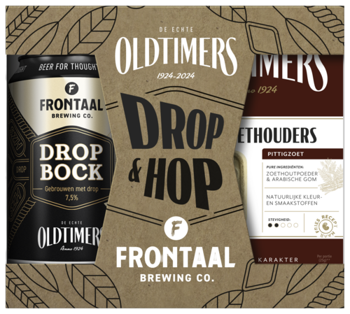 Frontaal Drop Bock Oldtimer biercadeauverpakking met drop